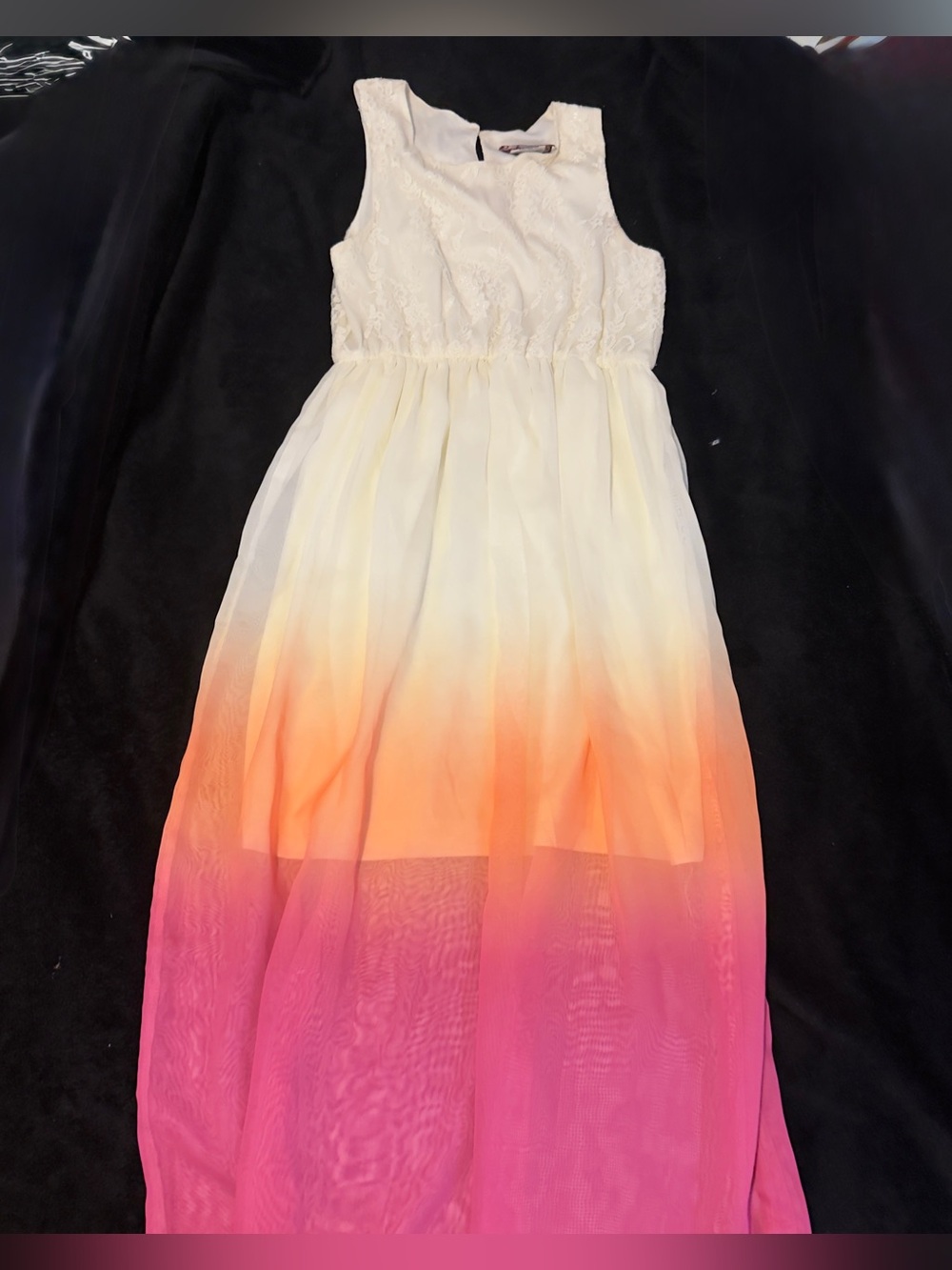 Girls Lace Bodice Ombre Maxi Dress - White, Coral & Pink